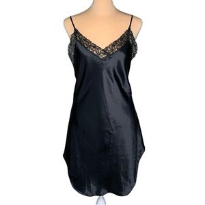 Victoria's Secret Gold Label Black Satin Lace Chemise Babydoll Slip L Silky 90s